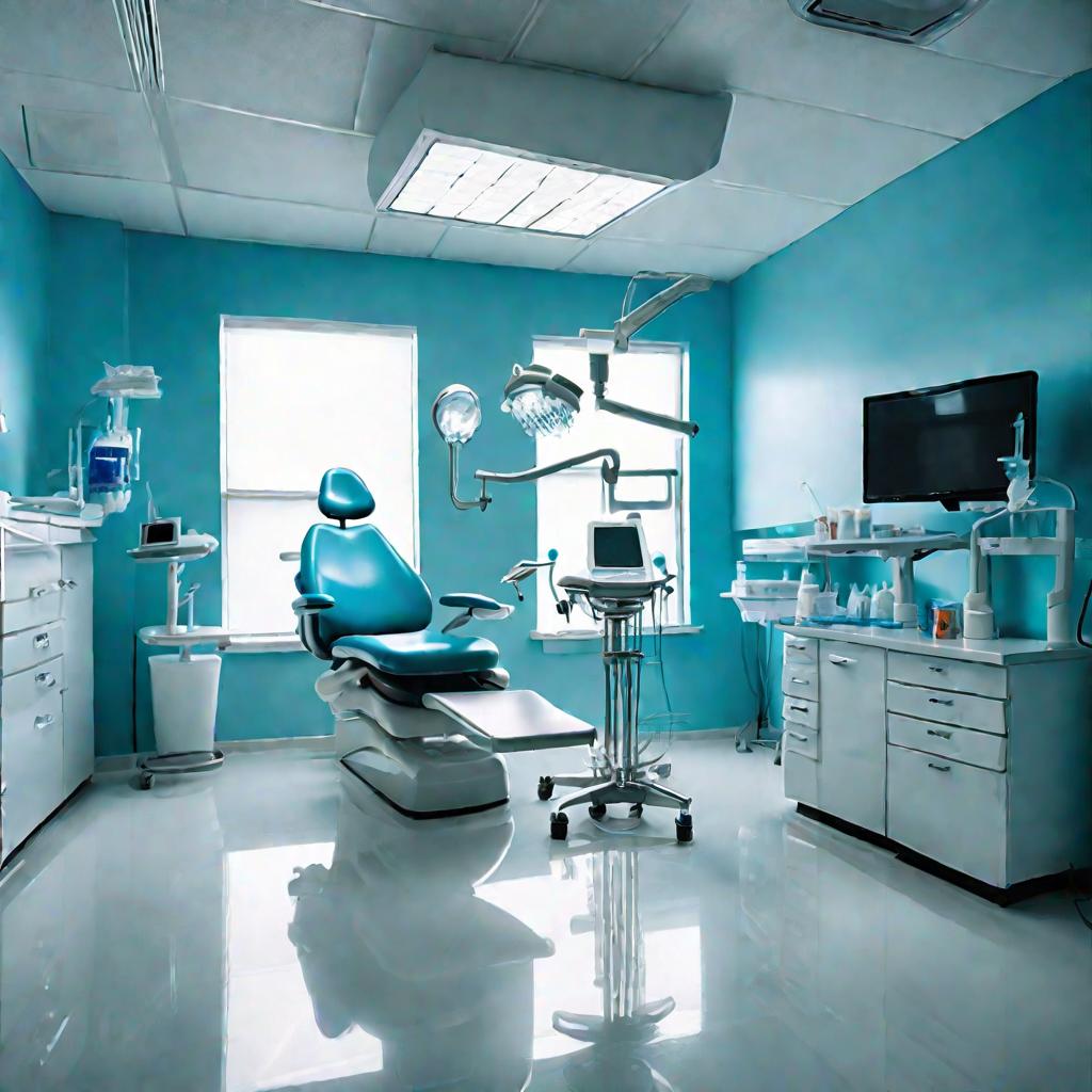 Внутренний вид стоматологического кабинета с креслом, инструментами и стаканом для полоскания рта