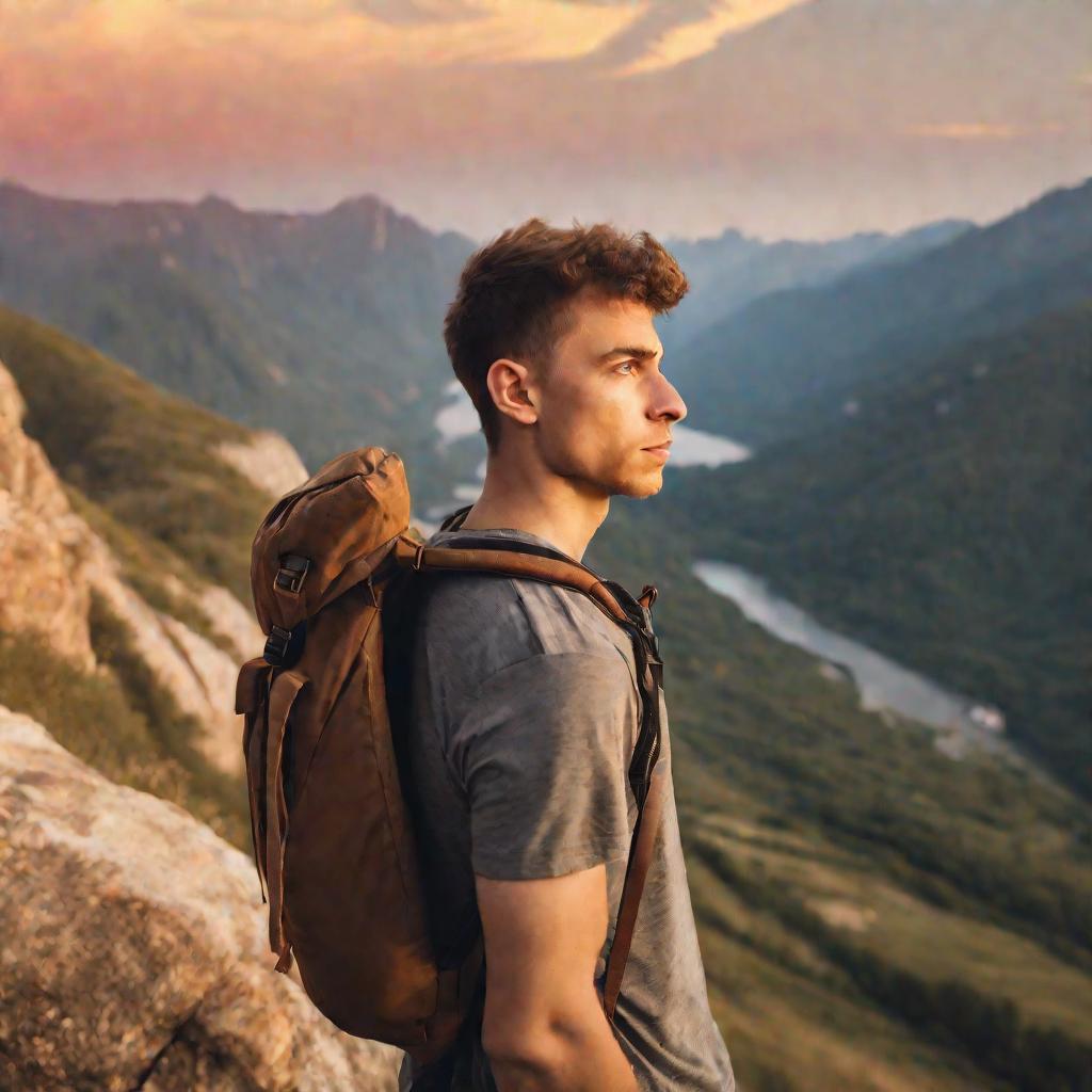 Крупный план молодого человека с рюкзаком, стоящего на скале с видом на горную долину на закате