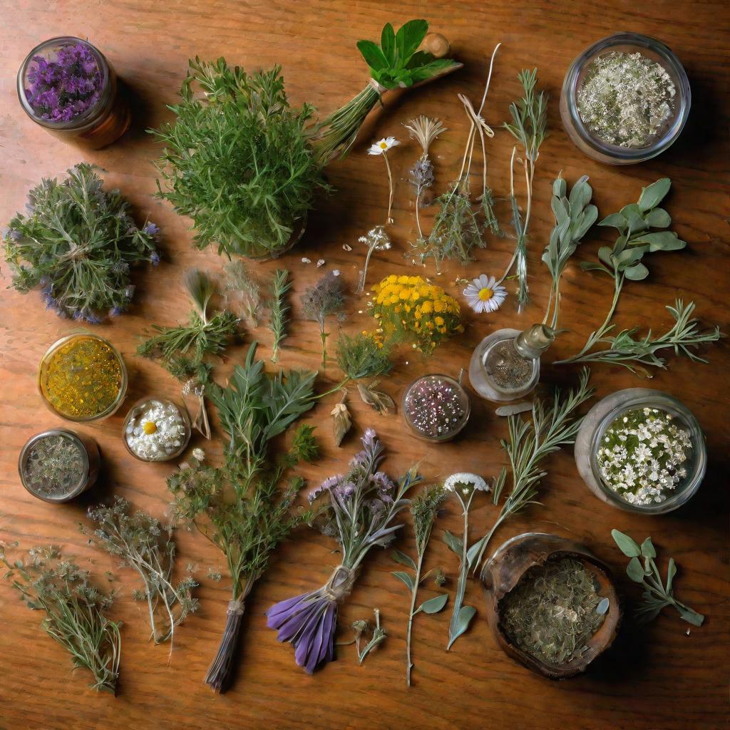 Травы, растения и лекарственные растения разложены на столе
