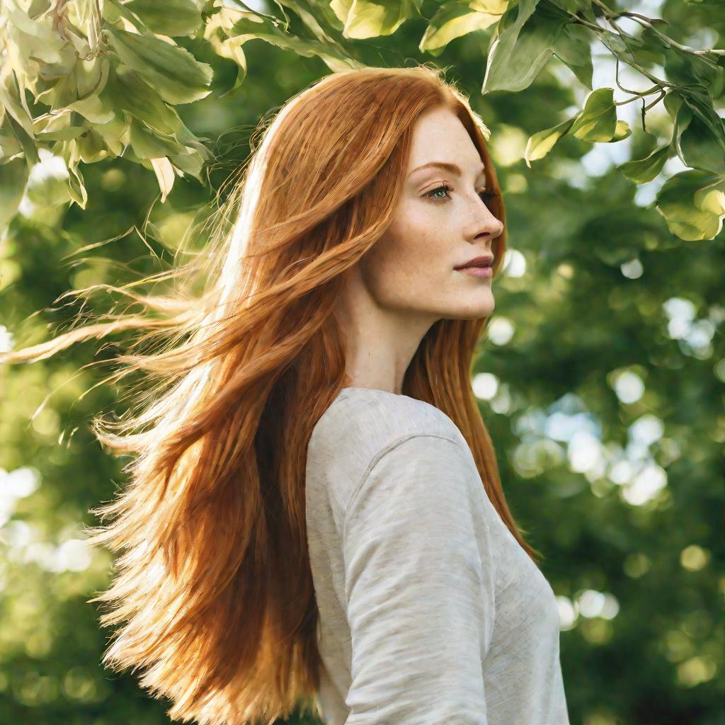 Рыжие волосы с естественным балаяжем на весеннем фоне