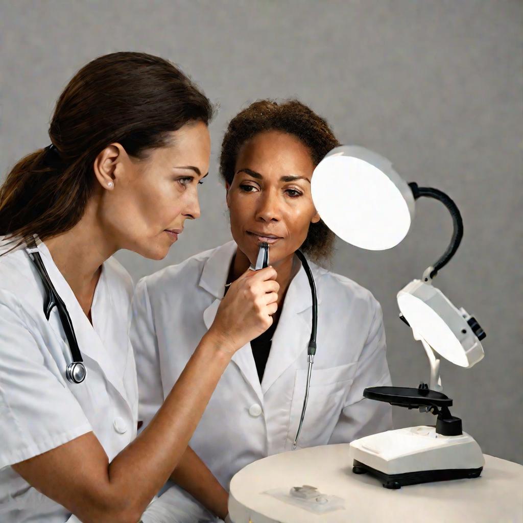Дерматолог осматривает пигментные пятна на лице пациентки