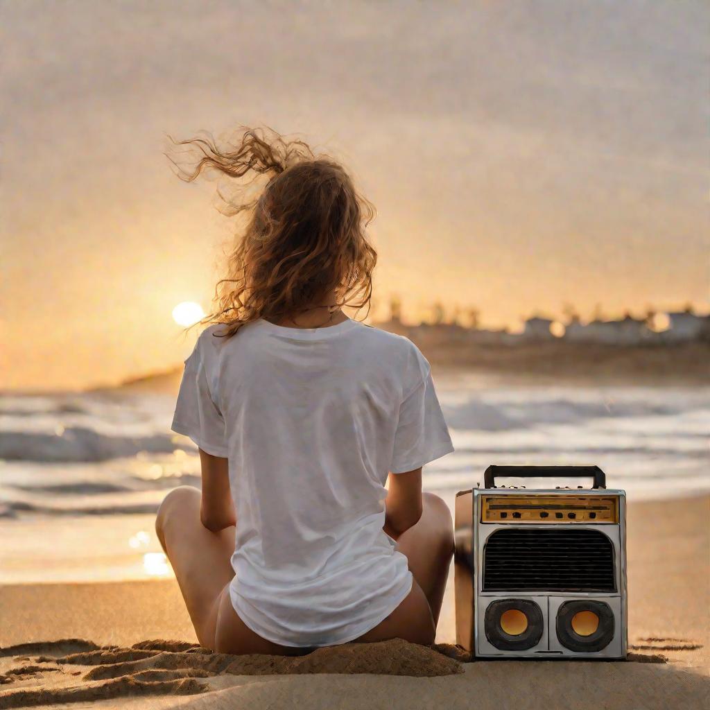 Девушка в белой футболке сидит на пляже на закате, глядя на море