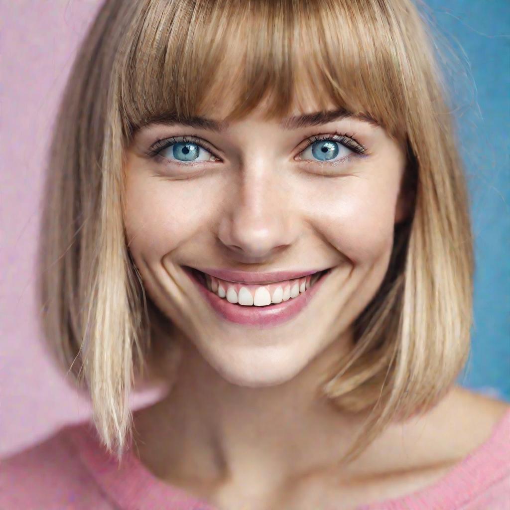 Портрет улыбающейся девушки с прямой челкой