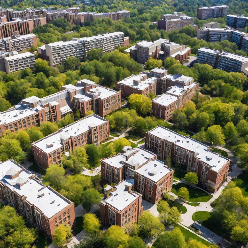 вид сверху на кампус университета с многочисленными зданиями общежитий