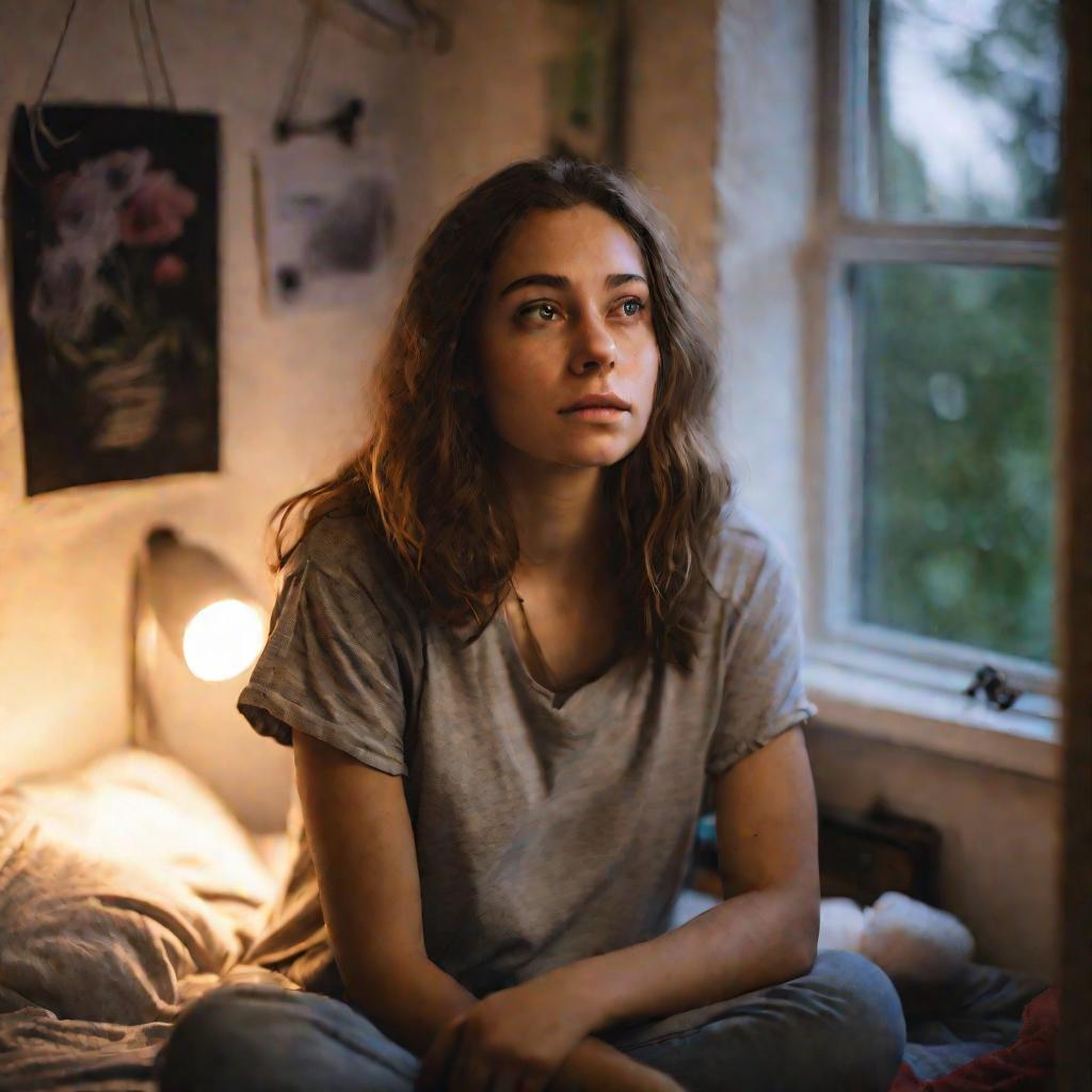 портрет девушки, задумчиво сидящей на кровати в маленькой комнате общежития