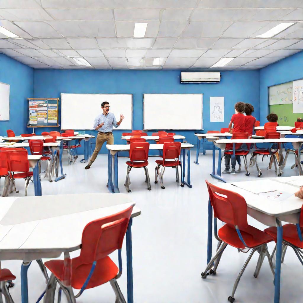 Современный класс, учитель в светлой рубашке энергично объясняет у доски, ученики слушают с интересом