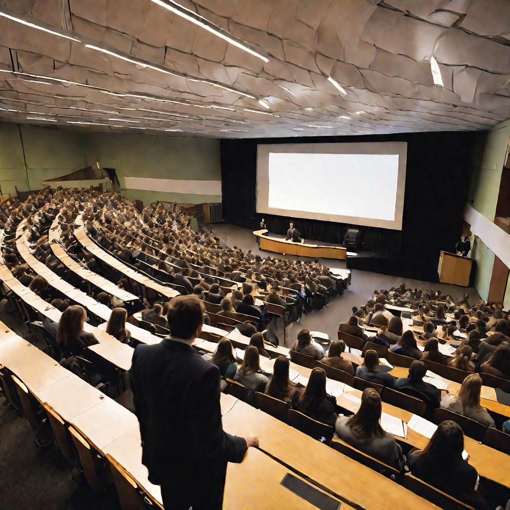 Большая университетская аудитория, много студентов слушают лекцию профессора у трибуны