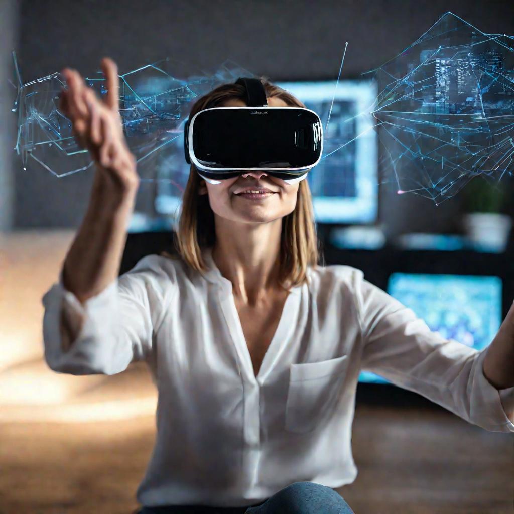 Женщина в очках виртуальной реальности управляет голограммой финансовых данных