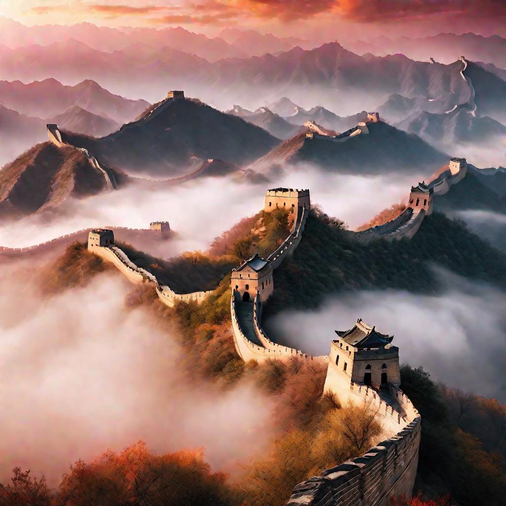 Великая Китайская стена на фоне туманных гор в драматичных лучах восходящего солнца.