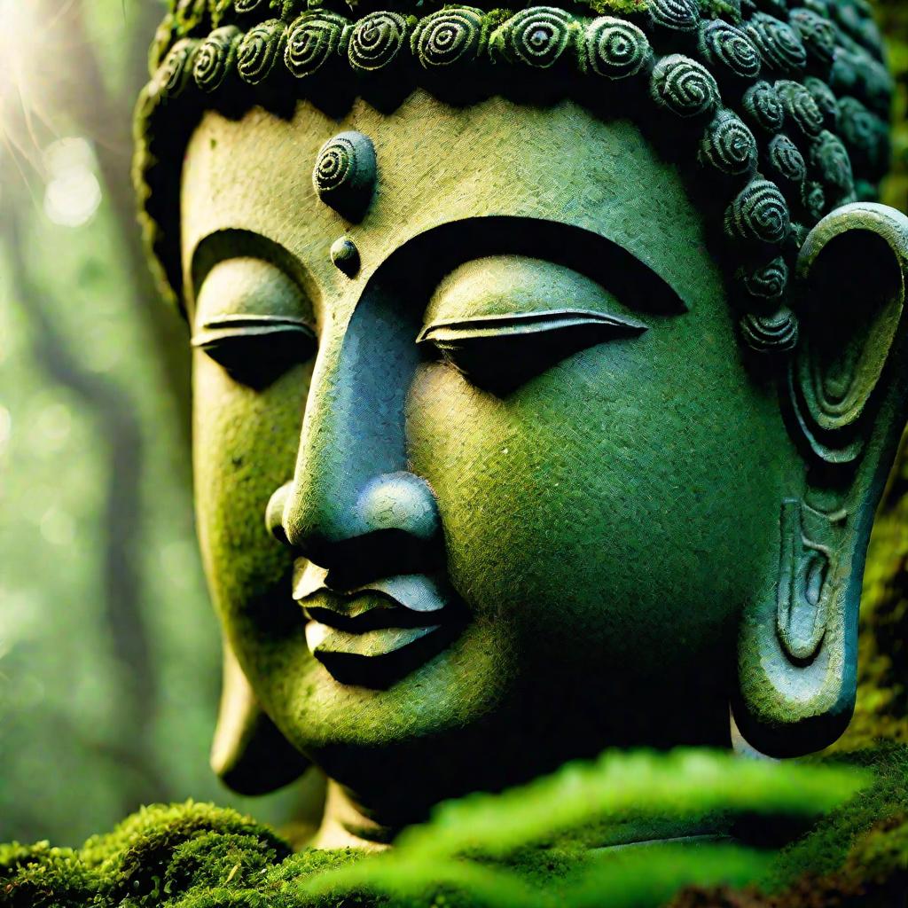 Крупный план спокойного лица статуи Будды, покрытого мхом, среди зеленых листьев в туманном лесу.