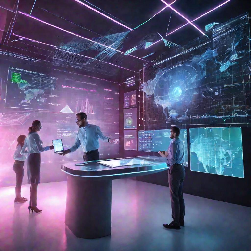 Футуристический интерьер финансового технологического центра. Голографические проекции графиков и данных в воздухе дополненной реальности. Специалисты работают с передовыми системами, сенсорными экранами. Свет светится голубым, зеленым и розовым цветом.