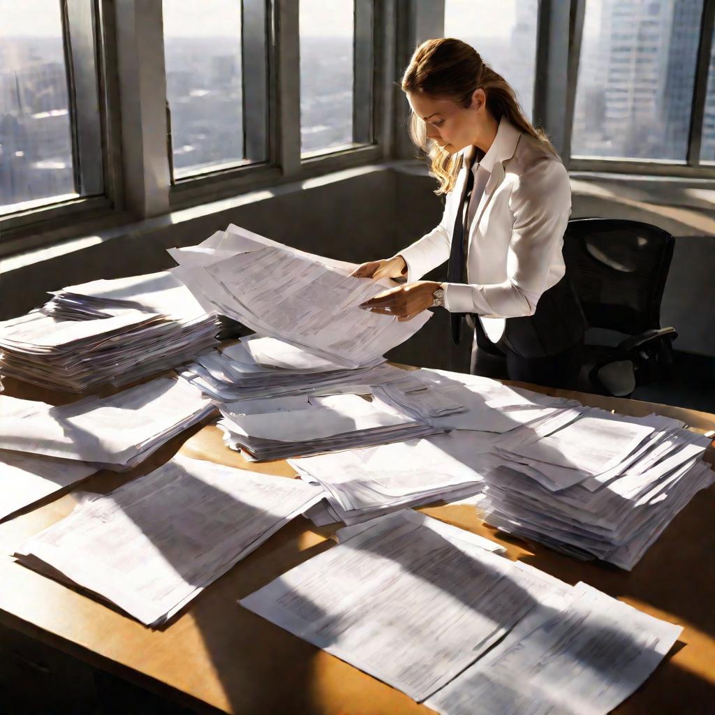 Женщина в костюме анализирует финансовые документы в офисе
