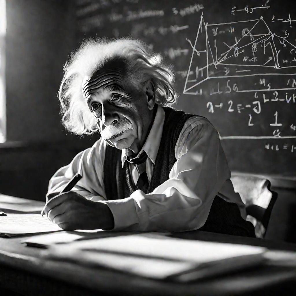 Задумчивый Эйнштейн пишет формулы на доске