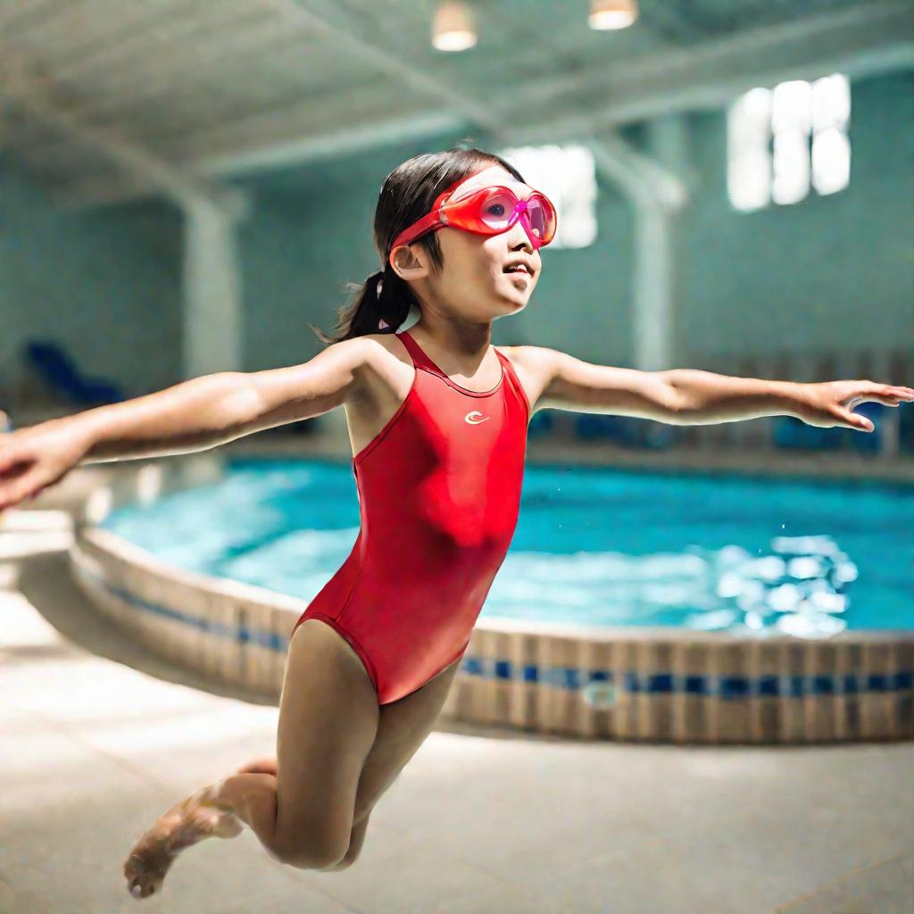 Девочка в красном спортивном купальнике плавает в бассейне