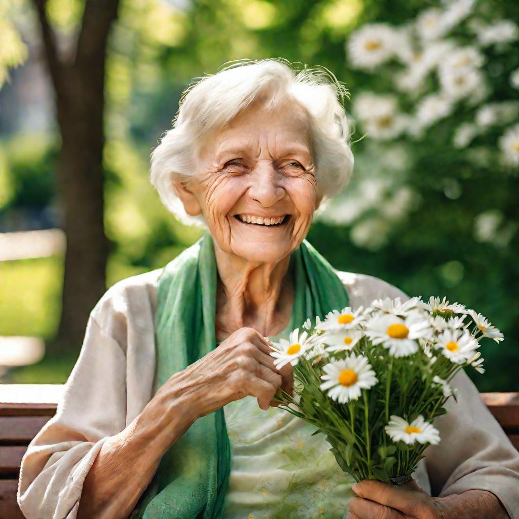 Портрет пожилой женщины с букетом маргариток