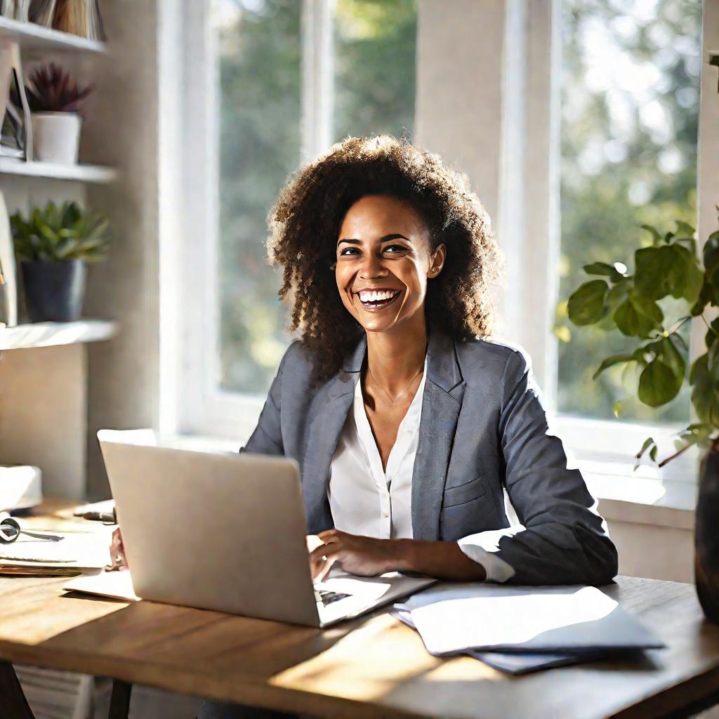 Улыбающаяся женщина-предприниматель в домашнем офисе работает на ноутбуке. Она выглядит довольной от того, что успешно ведет свой бизнес.