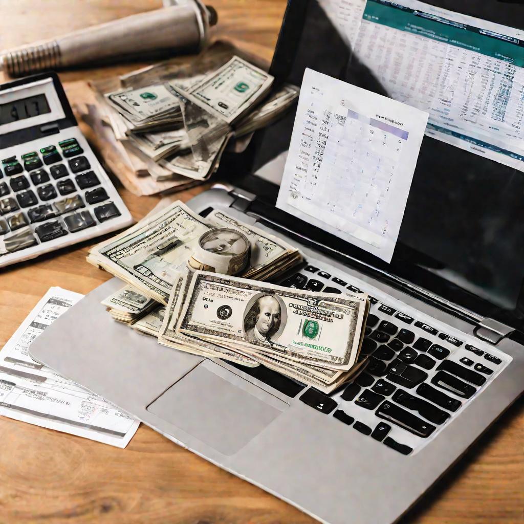 Деньги и калькулятор на ноутбуке
