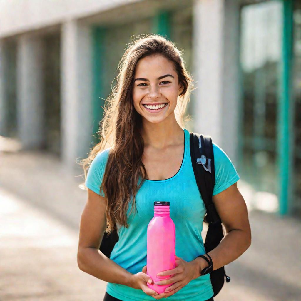 Портрет улыбающейся девушки в спортивной одежде с сумкой для тренировок