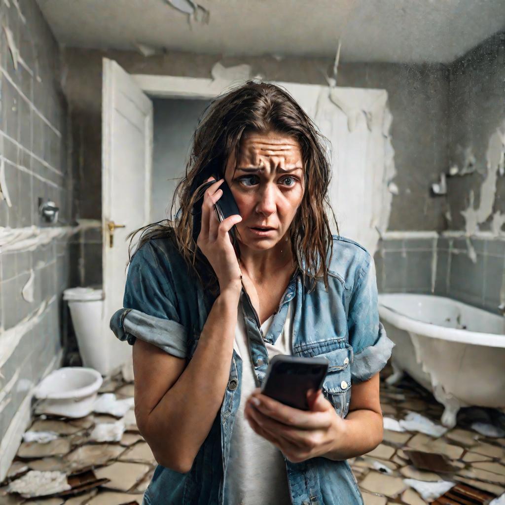 Женщина фотографирует затопленную ванную комнату