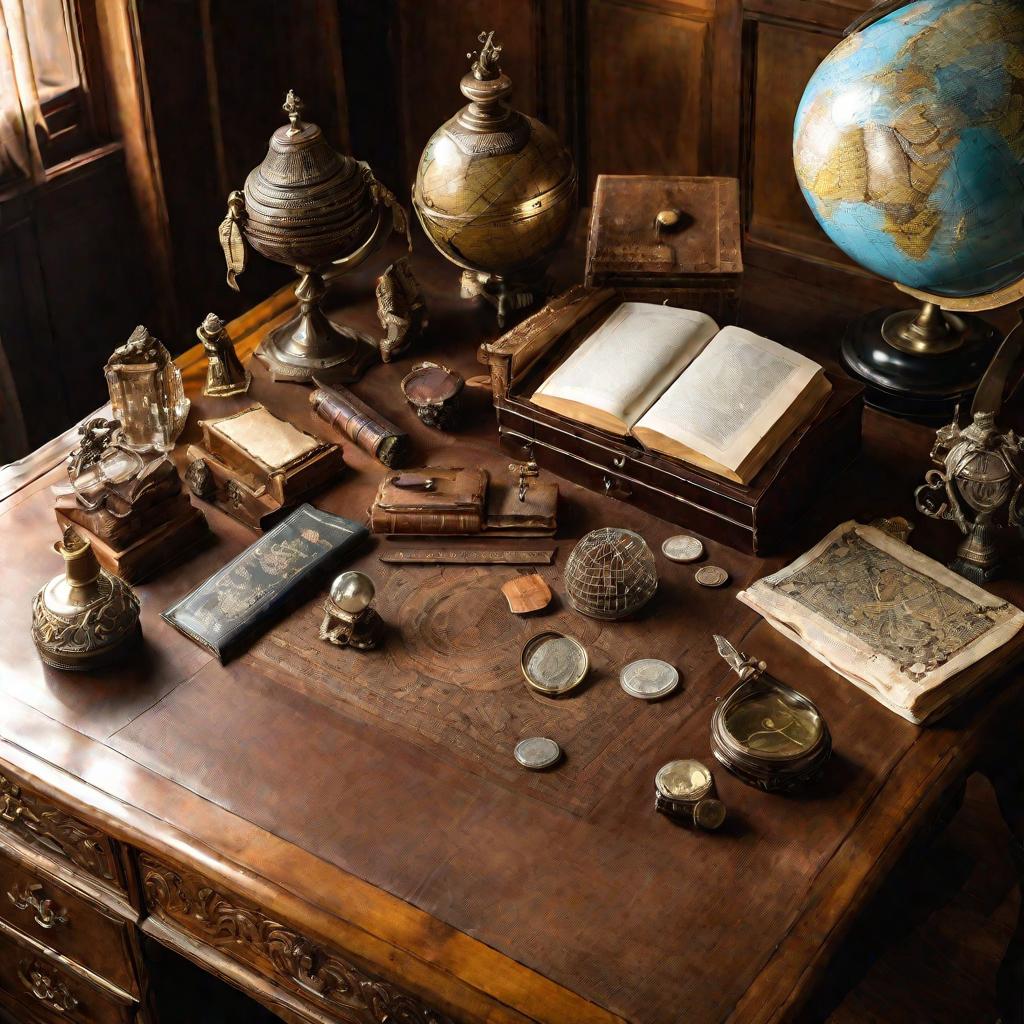 Дорогой антикварный письменный стол с ценными предметами