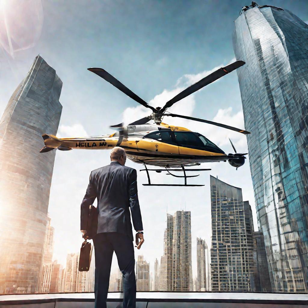 Вертолет приземляется на крыше небоскреба, бизнесмен с портфелем