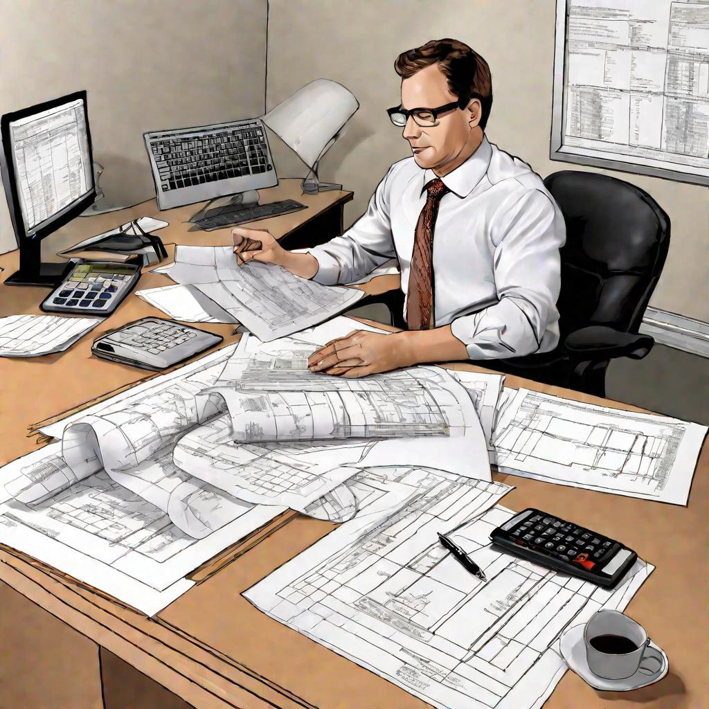 Офисный интерьер с естественным освещением, бухгалтер за столом с калькулятором, бумагами и компьютером со строительными чертежами, иллюстрирующий административно-управленческие расходы строительной компании.