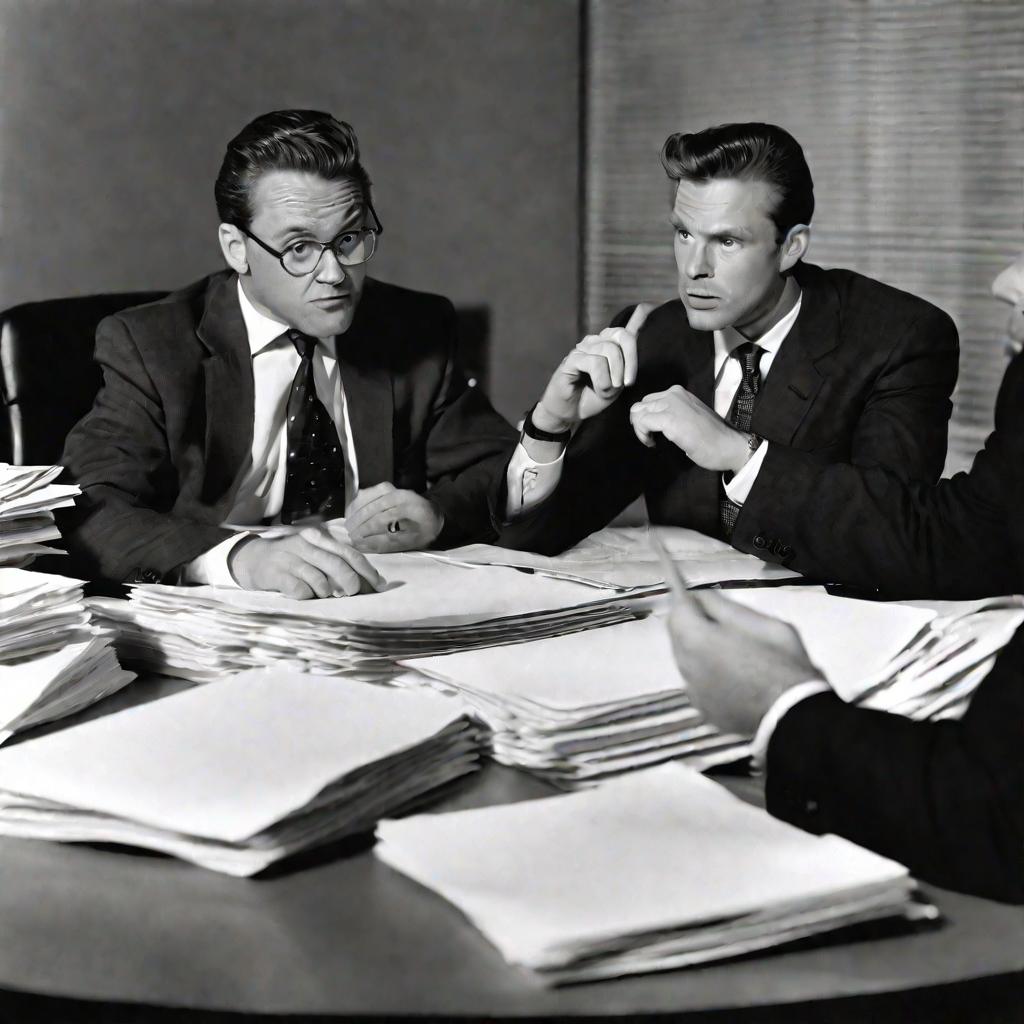 Два бизнесмена обсуждают претензию за столом переговоров.
