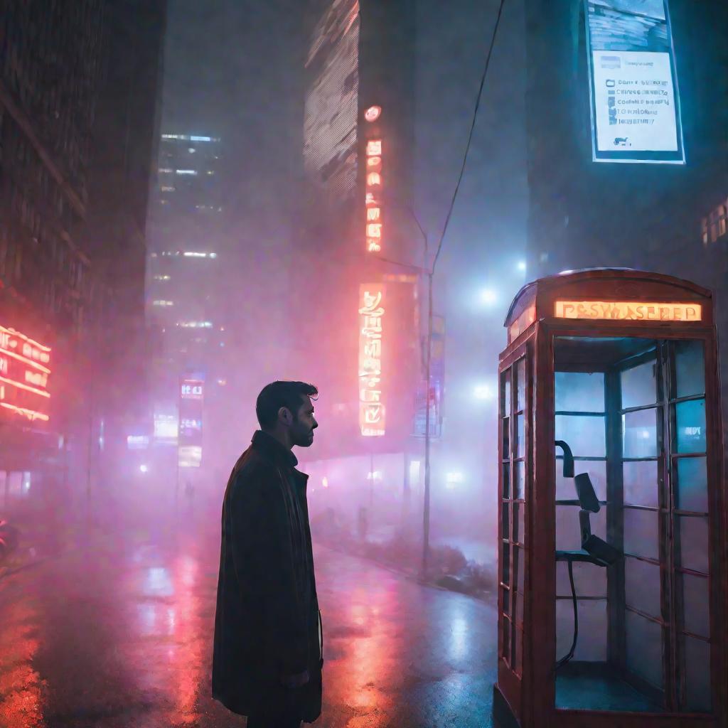 Туманный ночной город. Мужчина звонит из телефонной будки с тревогой оглядываясь по сторонам