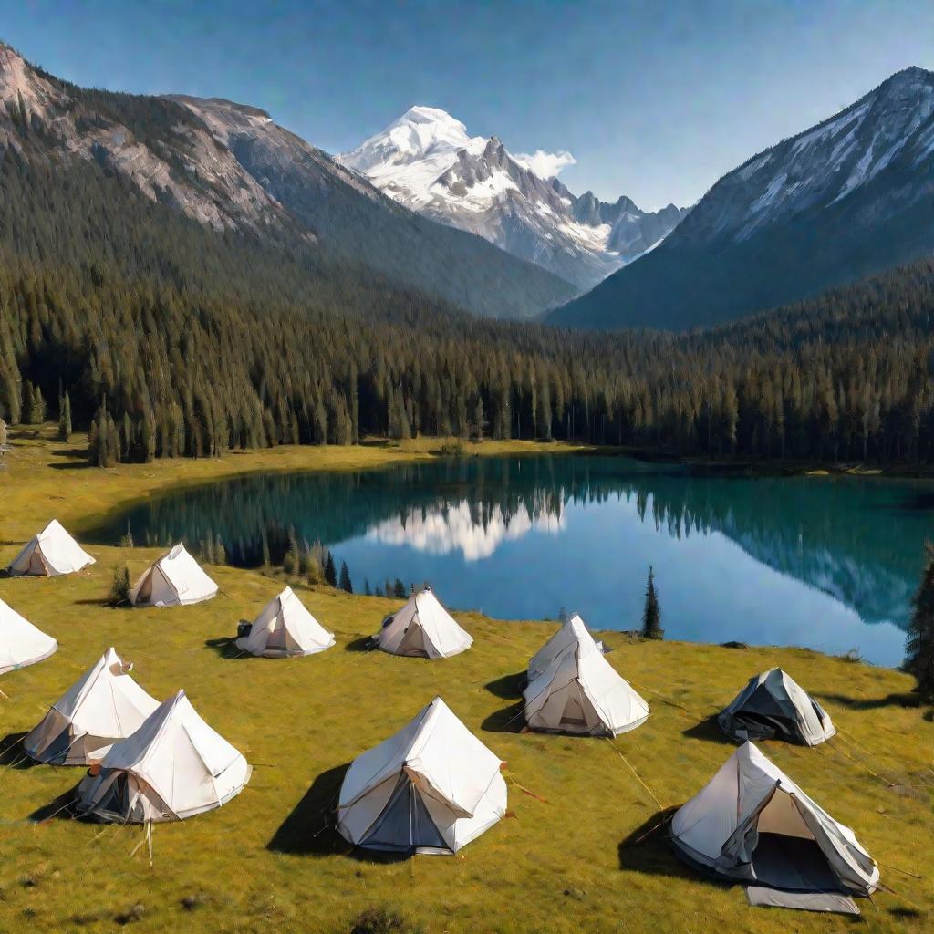 Палаточный лагерь на лугу у горного озера