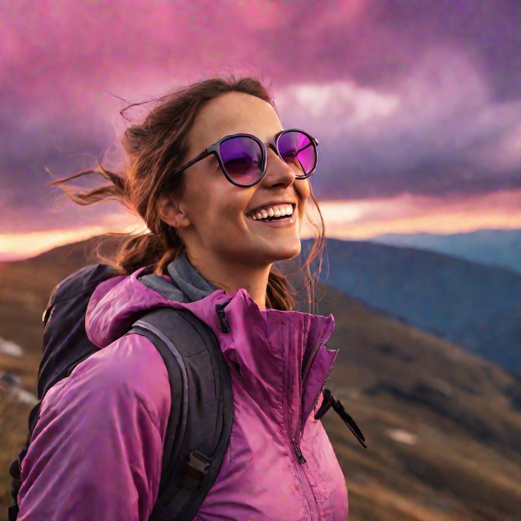 Портрет улыбающейся девушки-путешественницы на горном хребте