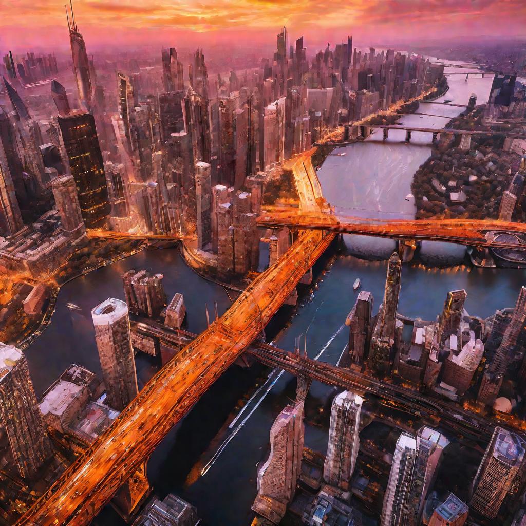 Панорамный вид города в закатных лучах