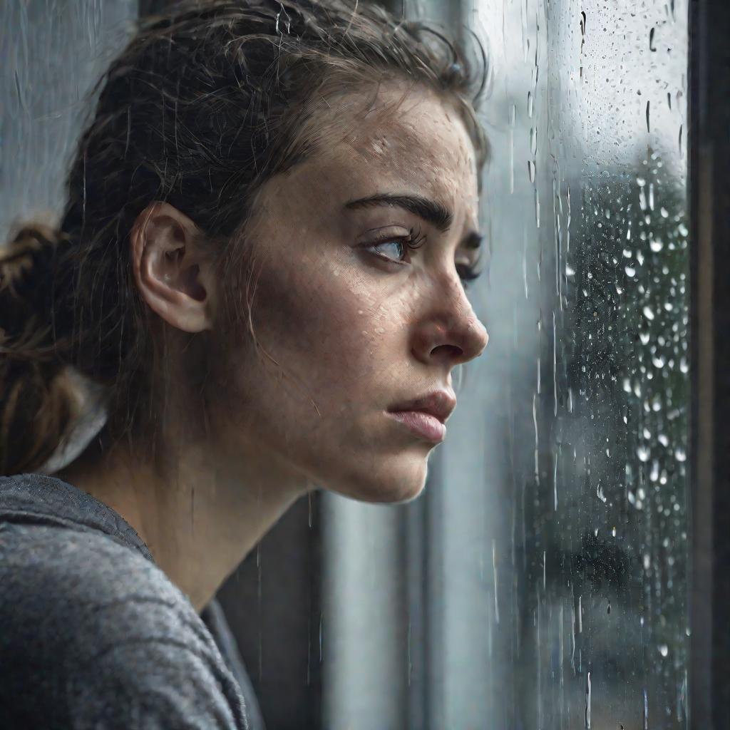 Крупный портрет задумчивой молодой женщины, смотрящей в затянутое дождем окно в пасмурный дождливый день. У нее сосредоточенное выражение лица с нахмуренными бровями и грустными глазами, что выражает сердечную боль и разочарование. Приглушенное тусклое ос