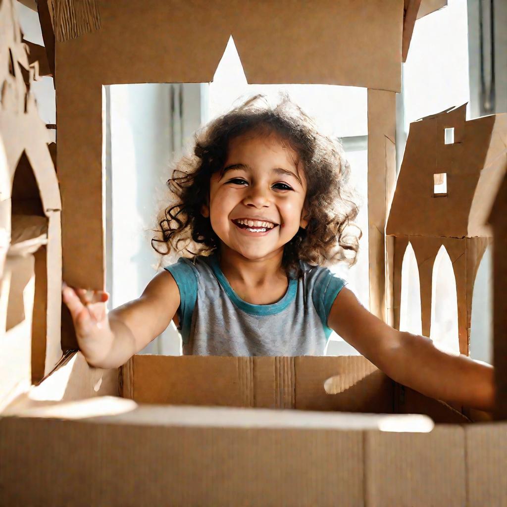 Девочка держит замок, построенный из коробок.