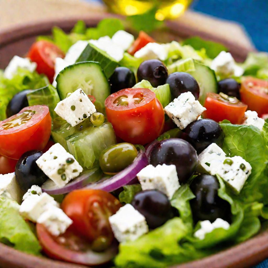 Готовый греческий салат в тарелке на солнце