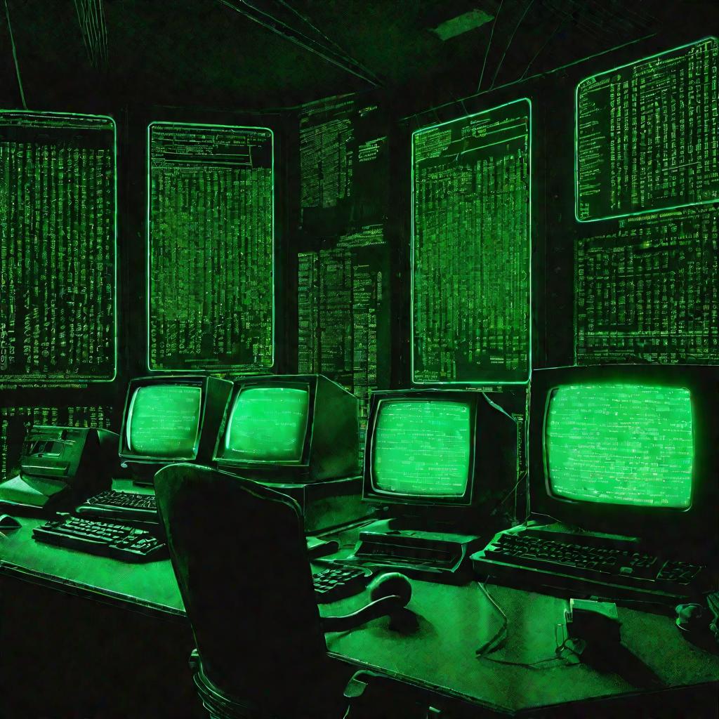 Компьютер с зеленым экраном и матричным кодом