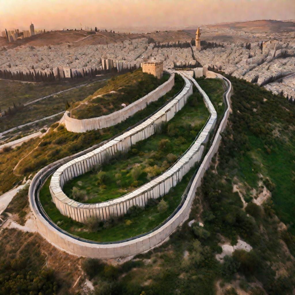 Вид сверху на израильский разделительный барьер, змеящийся по изумрудной долине. На заднем плане блестят на закате высотки Иерусалима.
