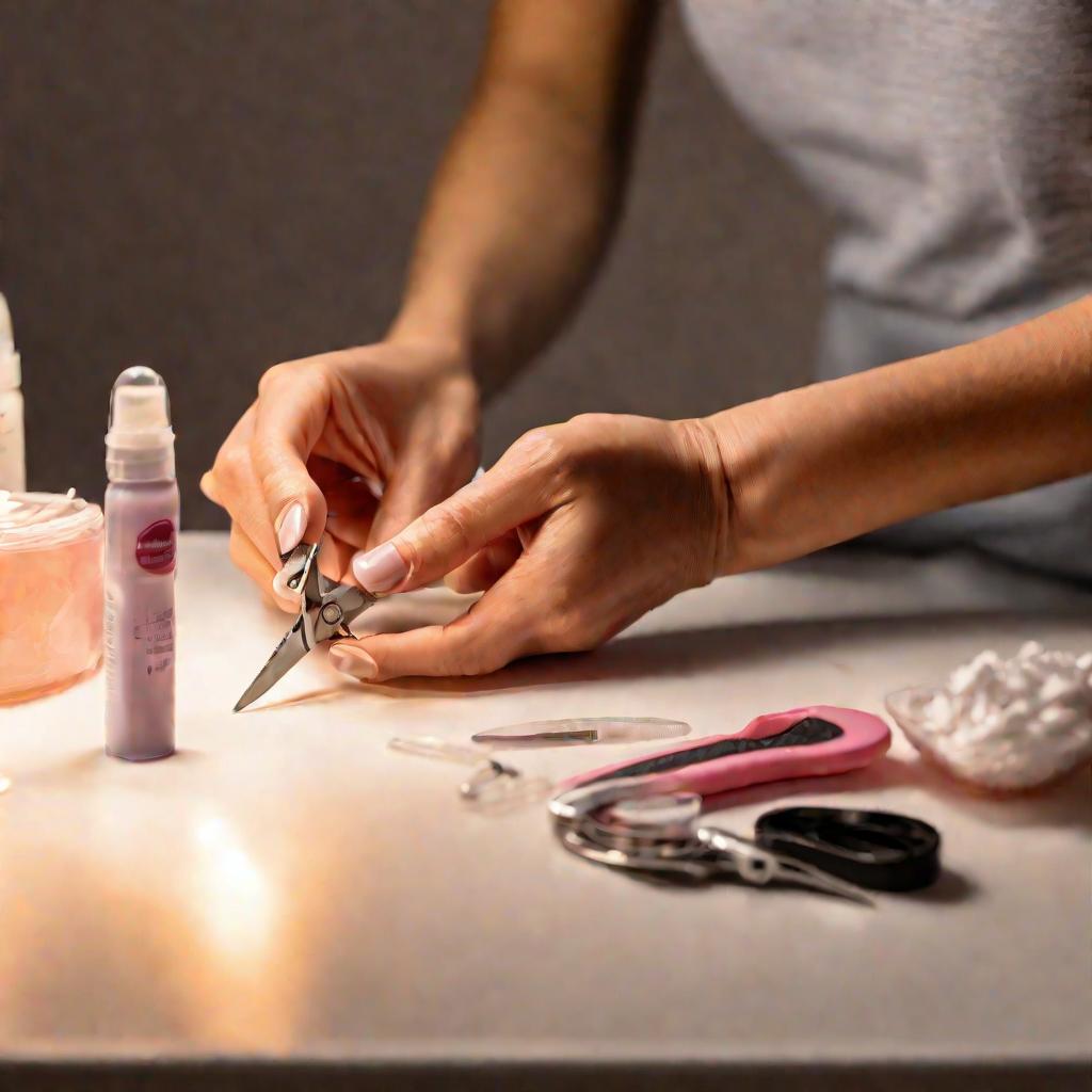 Женщина обрезает отросшие нарощенные ногти