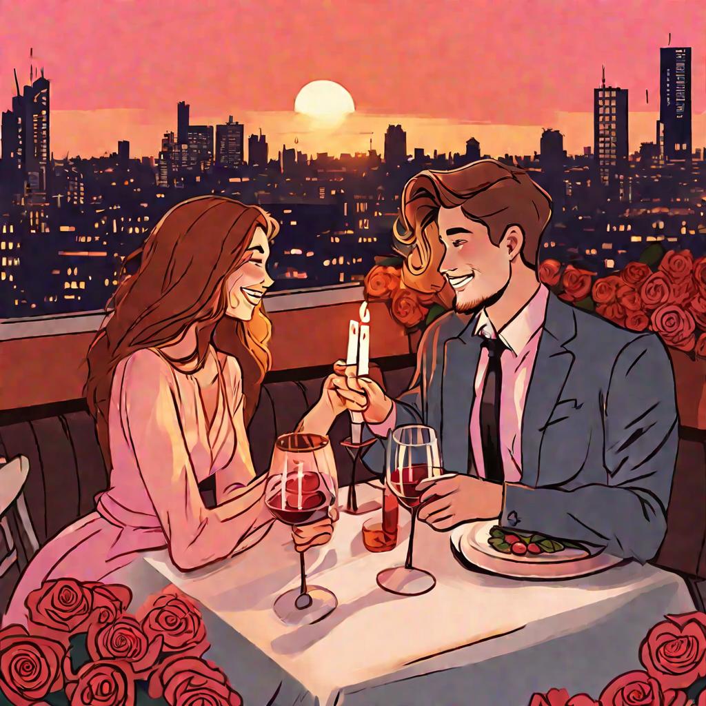 Романтический ужин при свечах на крыше ресторана на закате.