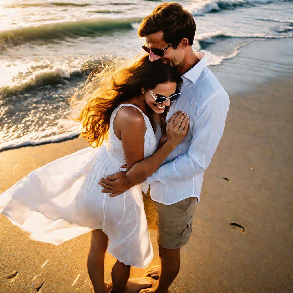Счастливая молодая пара на пляже на закате