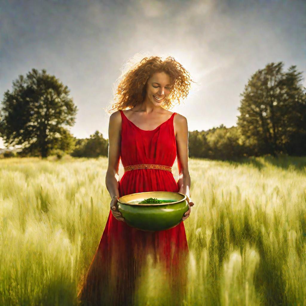 Женщина в красном платье стоит в летнем поле с золотистой травой, держа большую деревянную миску с горячим супом из сельдерея, украшенным петрушкой