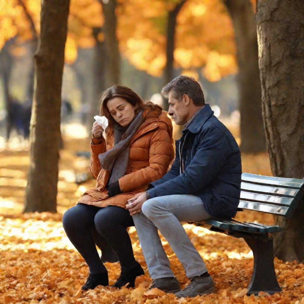 Мужчина утешает плачущую женщину на скамейке в парке осенью.
