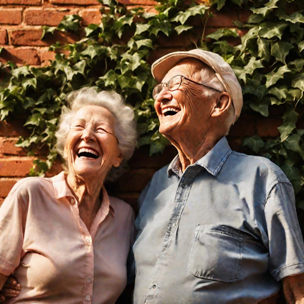 Пожилая счастливая пара смеется перед кирпичной стеной с плющом в солнечный день.