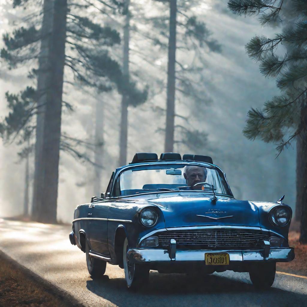 Крупный план фотографии пожилого мужчины, ведущего классический автомобиль в туманное утро. Мужчина сосредоточенно смотрит на двухполосную дорогу впереди. Густой туман навис над пейзажем и стелется сквозь сосновый лес. Лес и дорога окрашены в прохладные с
