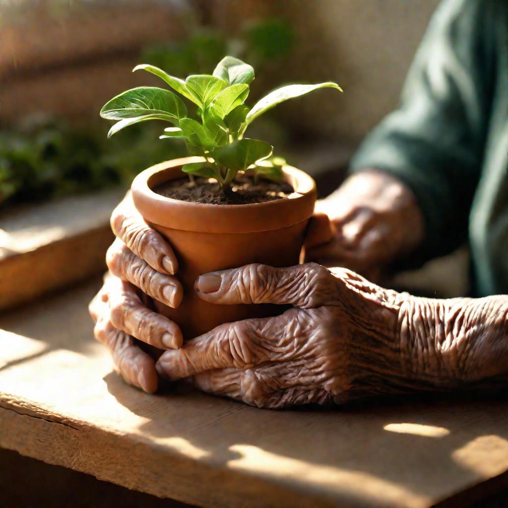 Руки пожилой женщины держат цветочный горшок