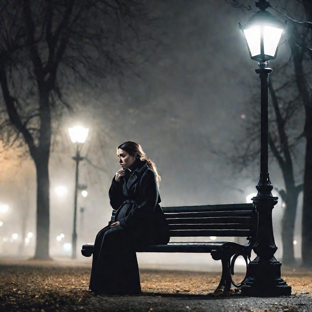 Одинокая беременная женщина на скамейке в парке ночью