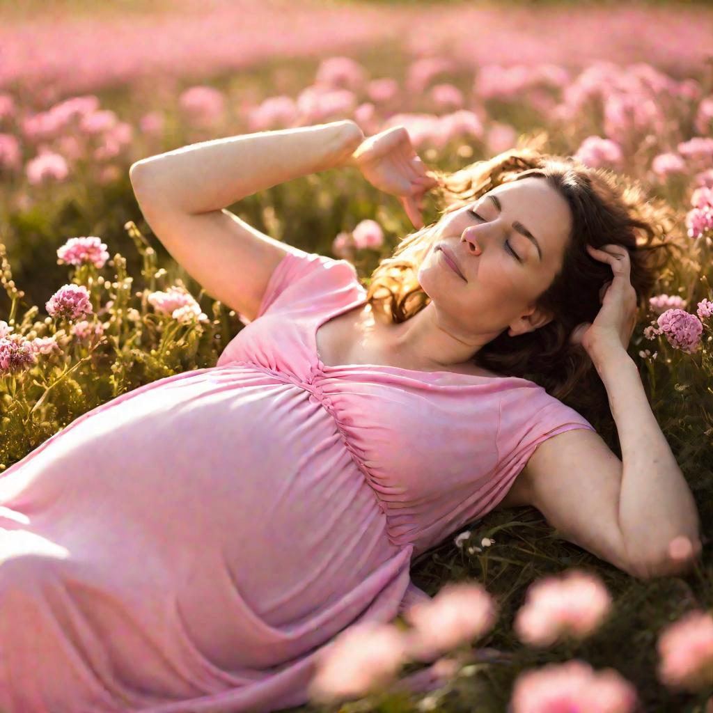 Беременная женщина в поле цветов