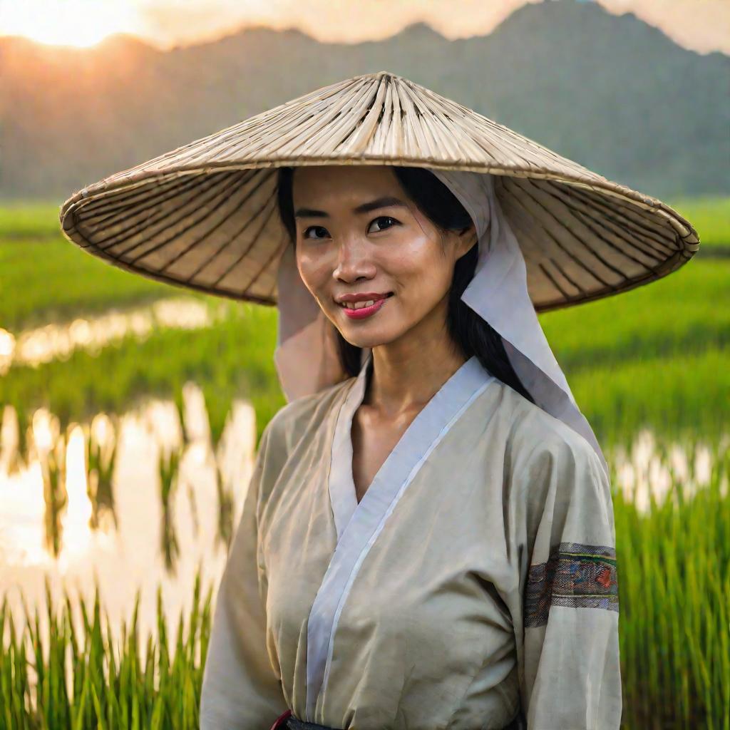 Женщина в шляпе на рисовом поле