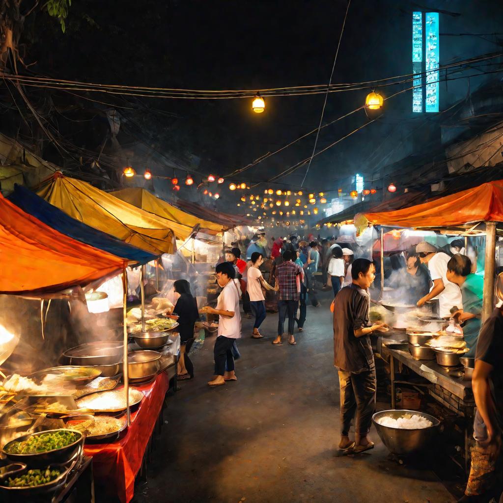 Уличный рынок еды ночью