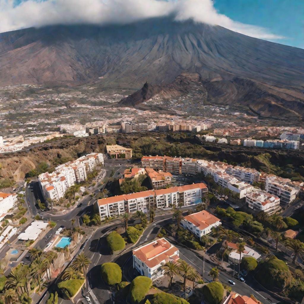 Вид сверху на город Пуэрто де ла Крус и вулкан Тейде