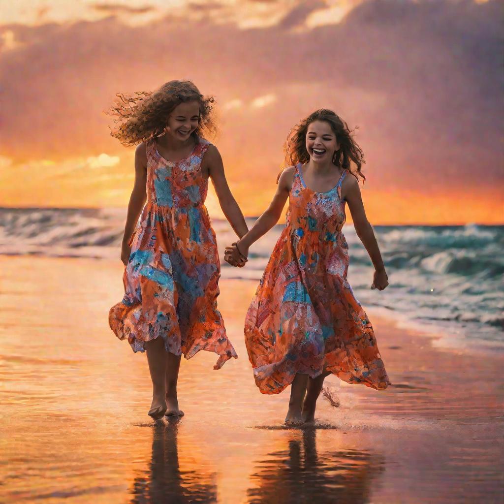 Две девочки идут по пляжу за руки на закате
